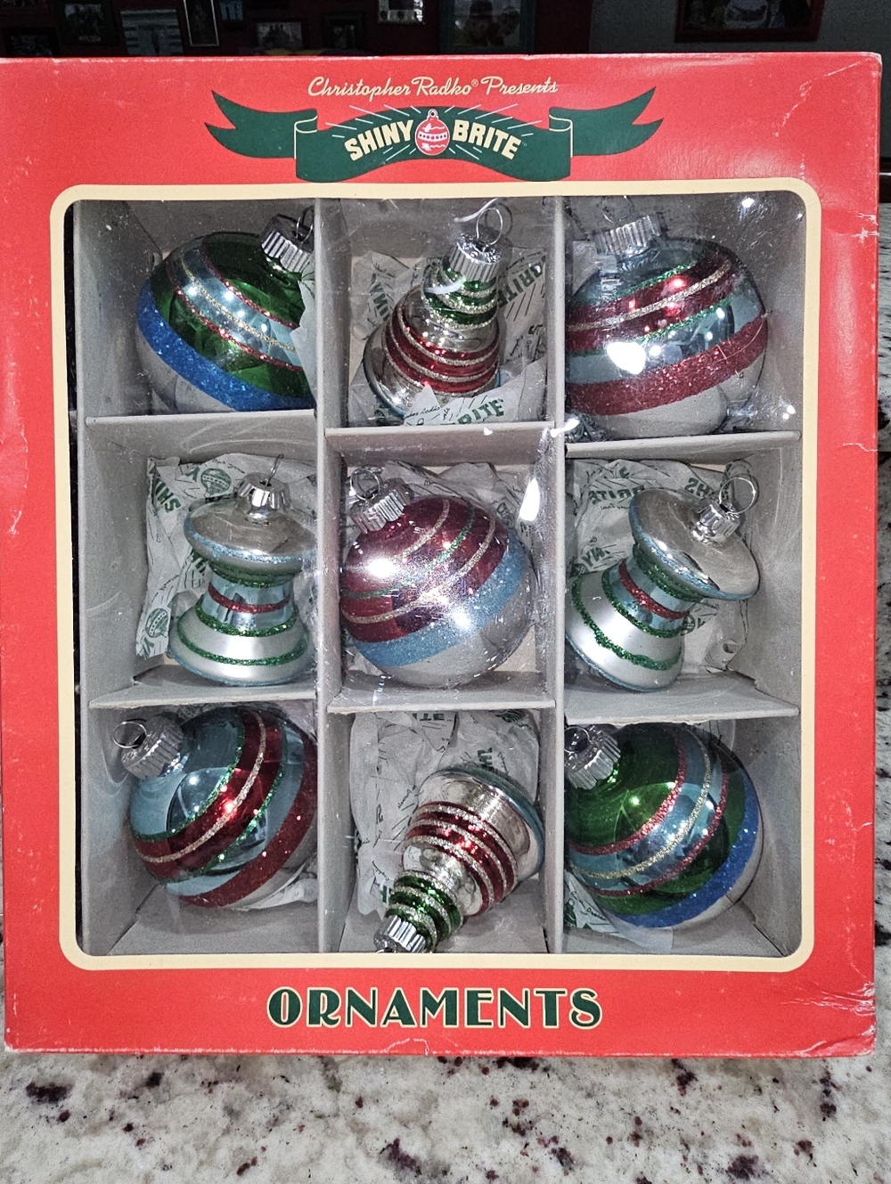 Christopher Radko Shiny Brite 2014 Set Of 9 Retro Glass Ornaments